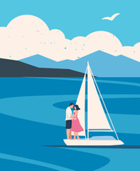 Couple in summer season poster. Man and woman at yacht in sea or ocean. People in tropical and exotic country. Romance, love and passion. Greeting valentines day card. Flat vector illustration