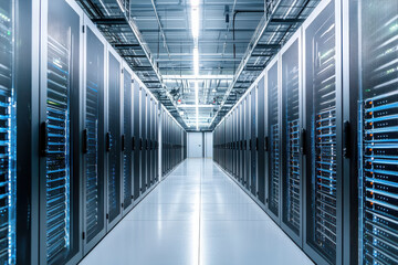 Fototapeta premium Secure access data center interior with rows of servers