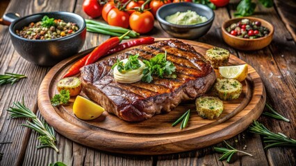Sizzling grilled ribeye steak served on a rustic wooden platter, garnished with fresh herbs and surrounded by savory garlic butter and crispy roasted vegetables.