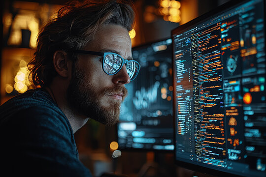 A software developer coding a new application, illustrating technological evolution and programming skill. Concept of app development and digital innovation.