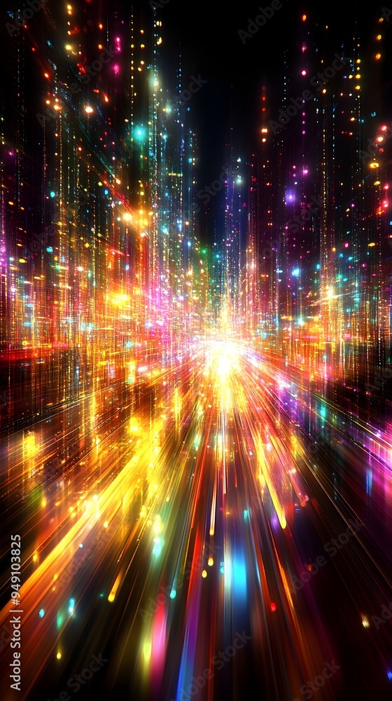 Poster a dazzling display of light streaks and bursts illuminate a futuristic cityscape, creating an abstra