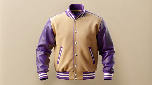 Varsity jacket mockup with beige and purple colours for commercial use, mockup, editable, varsity jacket, beige