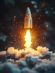 Naklejka premium A white rocket blasts off into the night sky, leaving behind a trail of fiery orange exhaust and a cloud of smoke.