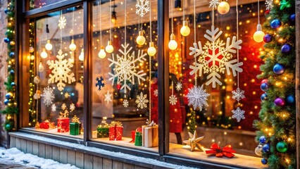 Fototapeta premium Snowflakes gently fall on a festive storefront window, adorned with twinkling lights and colorful winter decorations, featuring discounted prices and festive winter sale signs.