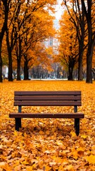 A tranquil park bench surrounded by vibrant autumn foliage, inviting relaxation in a picturesque fall landscape.