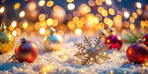 Soft focus bokeh blurred background shallow depth of field festive holiday celebration season decoration lights ornaments snowflakes glitter glittering shimmering reflective