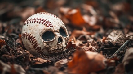 A unique blend of a skull and baseball in a forest setting, surrounded by fallen leaves, showcasing a creative contrast.