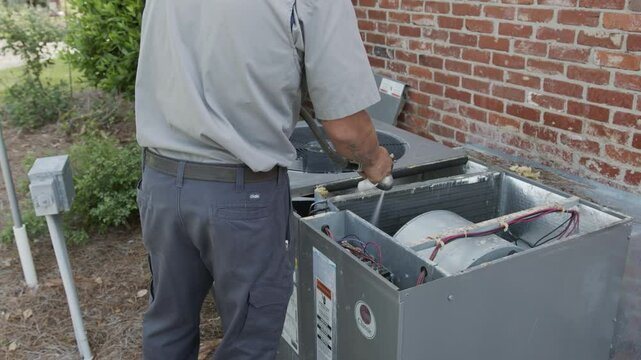 HVAC Technician Cleans Dirt Off HVAC System with Hose