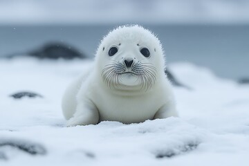 A lone seal pup rests on a snowy beach, its innocence emphasized by the minimalist composition.