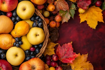 A vibrant arrangement of various fruits and colorful autumn leaves in a basket, perfect for seasonal decorations and food styling.
