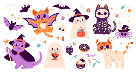 Obraz premium Set of cute Happy Halloween stickers with cats in different costumes, mummy, spider, ghosts, vampire, witch, candies and sweets. Halloween, trick or treat. Vector illustration in flat style isolated