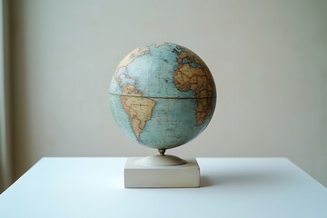 A vintage globe on a white table bathed in soft natural light.