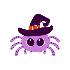 Cute Happy Halloween sticker with spider in cute  witch hat. Halloween, trick or treat. Vector illustration in flat style isolated on white baclground.  Happy holiday, Halloween for kids. 