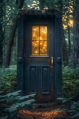 A blue shabby door stands in the middle of the forest, there is light in the door window. High quality illustration
