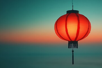 Obraz premium A single red lantern hangs against a serene sunset sky, symbolizing good fortune.