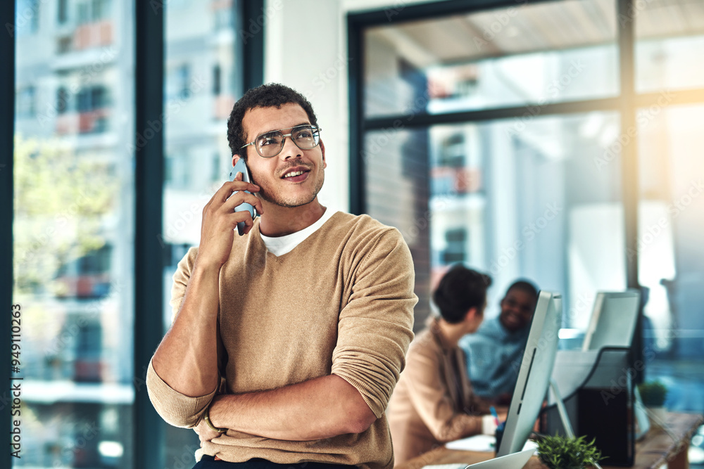 Poster man, phone call and thinking in office with listening for negotiation, contact and mobile networking