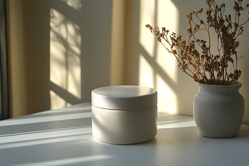 A white cosmetic jar bathed in soft sunlight, a minimalist composition.