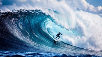 A lone surfer rides a massive wave, silhouetted against the bright sky.
