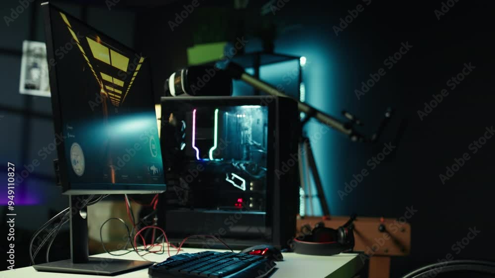 Poster panning shot of empty neon lit living room with rgb lit computer on table next to headphones and hig