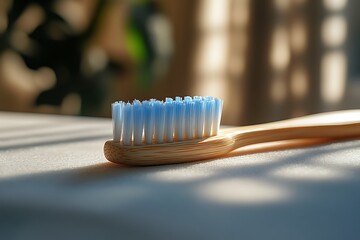 A bamboo toothbrush on a white surface with soft natural light.