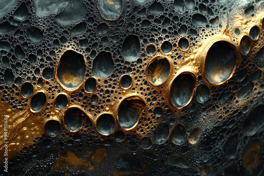 Poster an intricate pattern formed by droplets of different sizes merging on a surface, creating a complex 