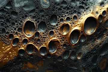 An intricate pattern formed by droplets of different sizes merging on a surface, creating a complex visual effect. Concept of liquid pattern formation.