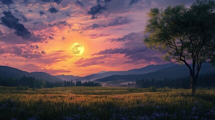 Sunset Over a Field with a Lone Tree and a Full Moon
