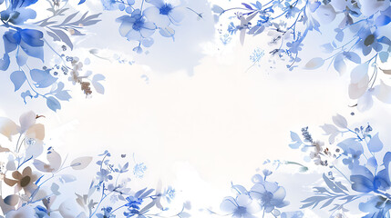 Watercolor Blue Flower Frame with White Background