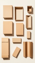 Obraz premium Various cardboard boxes of different shapes and sizes are organized on a light background, showcasing their use for storage and shipping
