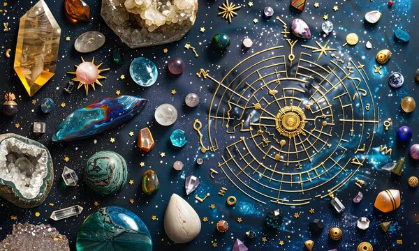 A vibrant collection of gemstones scattered around a gold astrological chart on dark backdrop