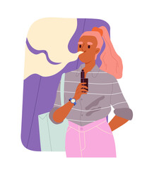 Smokers people concept. Woman with electronic cigarette. Character with bad habits and unhealthy lifestyle. Vaper indoors. Flat vector illustration isolated on white background