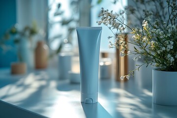 A lone tube of toothpaste on a white counter, embodying daily hygiene.