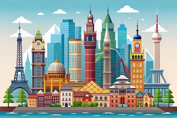 Stylized Illustrations of Urban Landmarks and Cityscapes