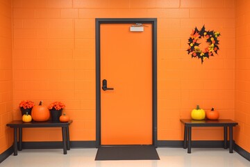 A vibrant orange hallway with pumpkins and fall decor, perfect for autumn themes and seasonal celebrations.