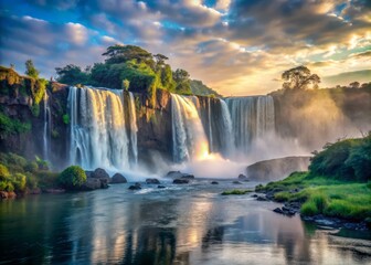 Obraz premium Lake Nyasa in the morning, a majestic waterfall cascades into the lake, its misty veil creating a mystical atmosphere