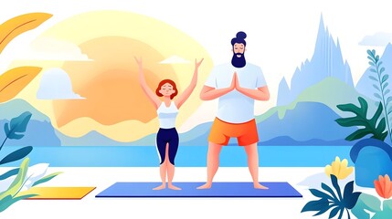 Fototapeta premium Couple Practicing Yoga Outdoors in Nature - Meditation Illustration