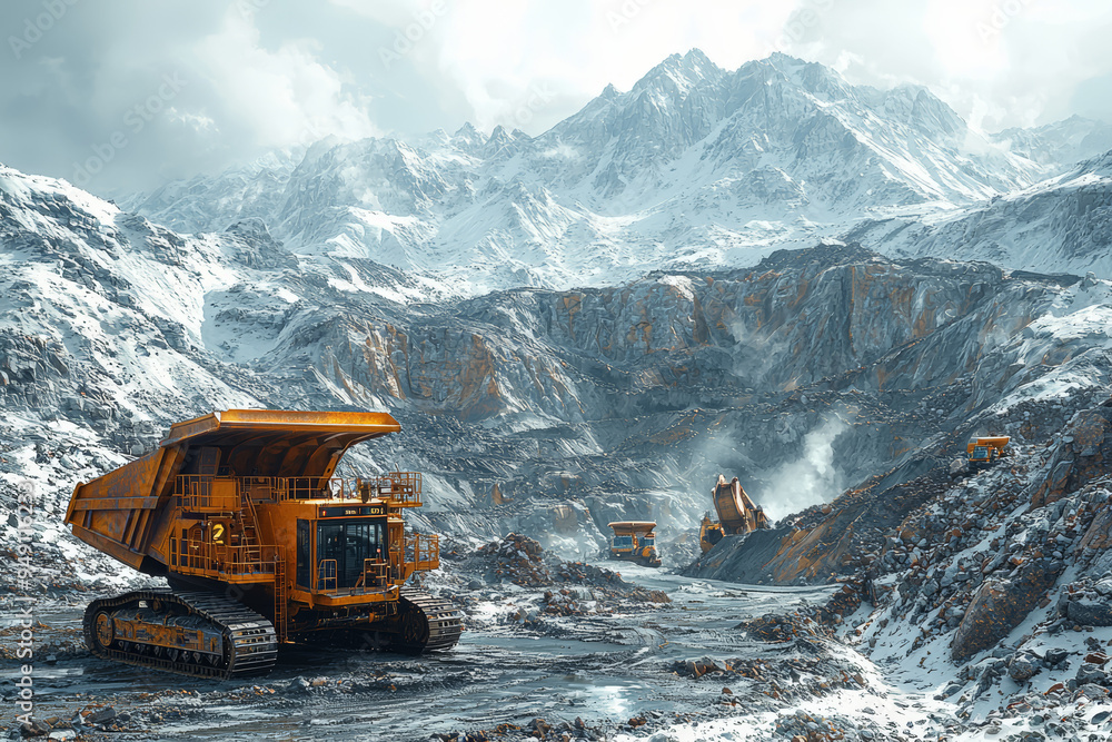 Poster a mining operation with heavy equipment extracting minerals from the earth, showcasing resource extr