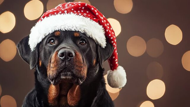 A joyful Rottweiler dons a festive Christmas hat amid warm, twinkling lights, capturing the essence of the holiday spirit and creating a heartwarming atmosphere.