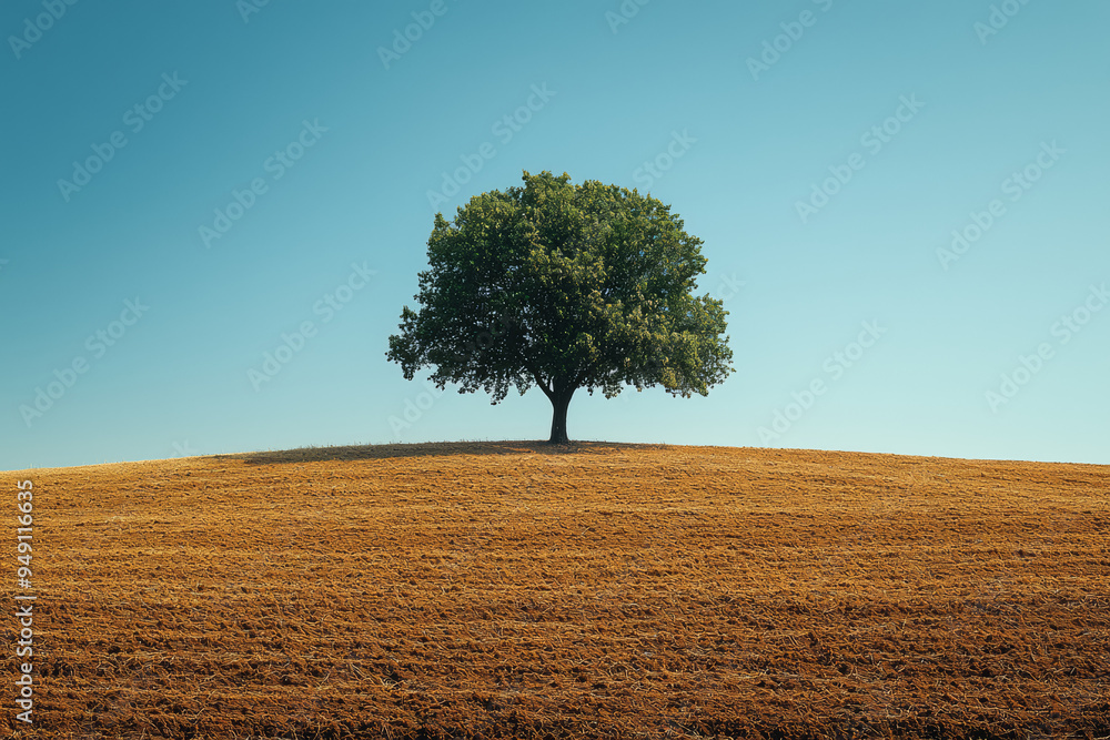 Poster a lone tree standing on a vast, empty field with no other vegetation in sight, emphasizing solitude 