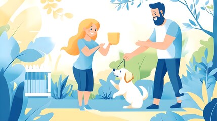 Fototapeta premium Happy Couple Walking Dog in Park Illustration