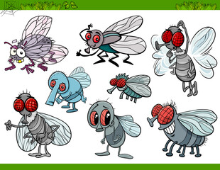 flies insects characters set cartoon illustration