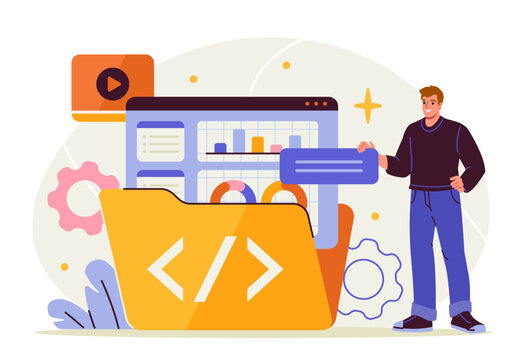 Person with software. Man with folder with documents and files. Worker with electronic storage and archive. Cloud service worker. Flat vector illustration isolated on white background