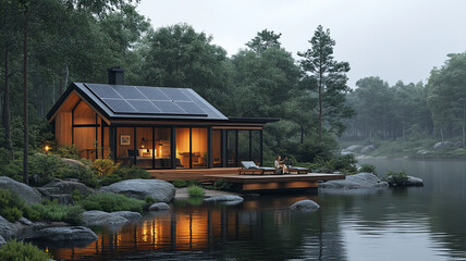 Fototapeta premium an eco-friendly cabin, solar panels on the roof, surrounded by a pristine natural setting.