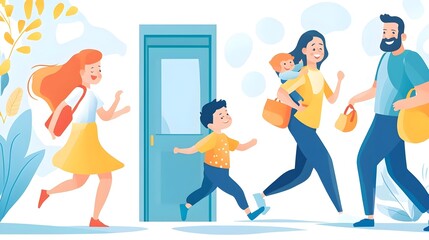 Happy Family Leaving Home Together, Cartoon Illustration