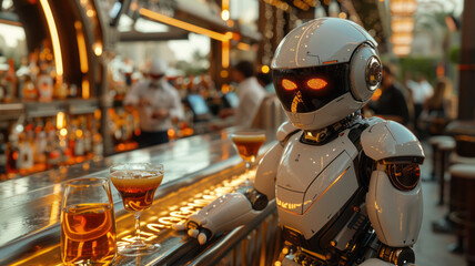 the android bartender robot stands at the bar against the background of alcohol with a glass full of alcohol,