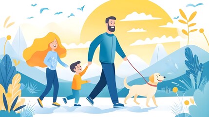 Obraz premium Happy Family Walking Dog, Cartoon Illustration