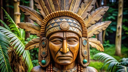 Obraz premium Traditional tribal patterns and feathers adorn a hand-carved wooden statue, symbolizing spiritual connection to the land and honoring ancestral heritage in a modern, earthy setting.