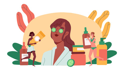 Spa treatments woman. Young girl with creams and lotions, cucmber slices. Beauty procedures. Natural cosmetics products for skincare. Flat vector illustration isolated on white background