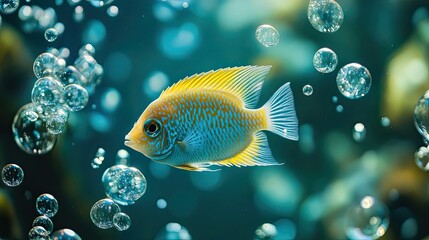 A Blue and Yellow Fish Swimming Through Bubbles