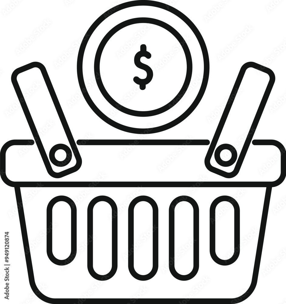 Poster simple line art icon of a shopping basket with a dollar coin floating above it, representing online 